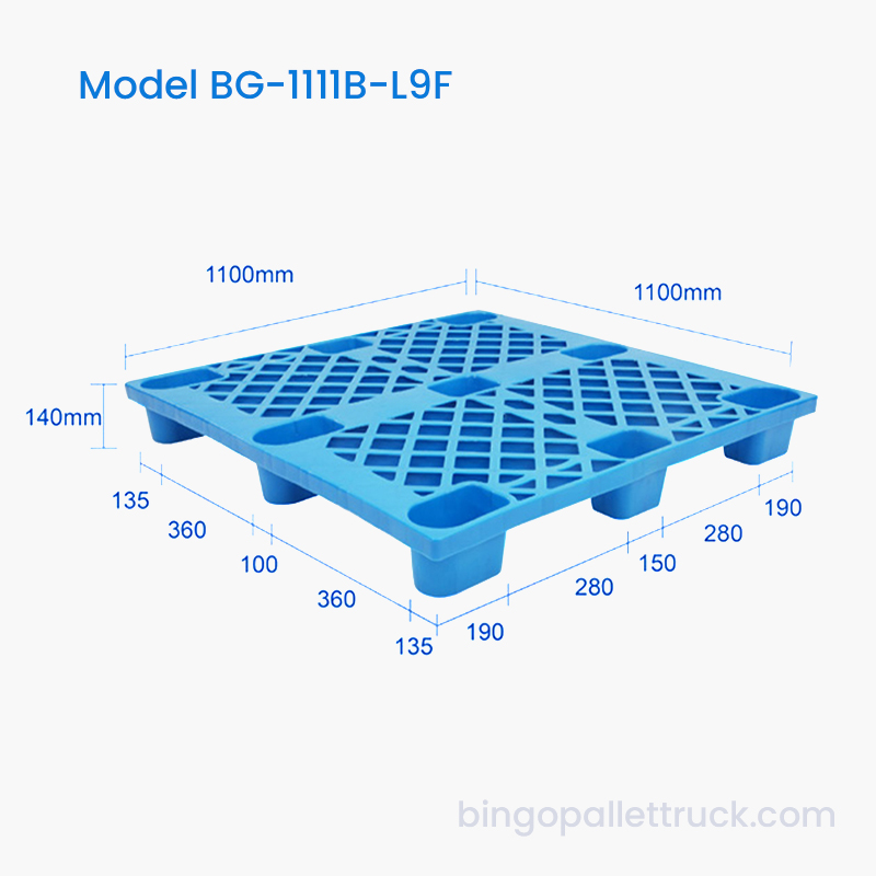 팔레트 잭 및 지게차 사용에 최적화된 1100x1100mm 9-레그 플라스틱 팔레트