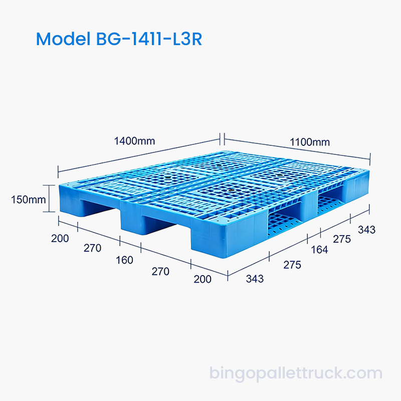 4방향 지게차 진입을 위한 3개의 주자가 있는 1400x1100mm 플라스틱 팔레트